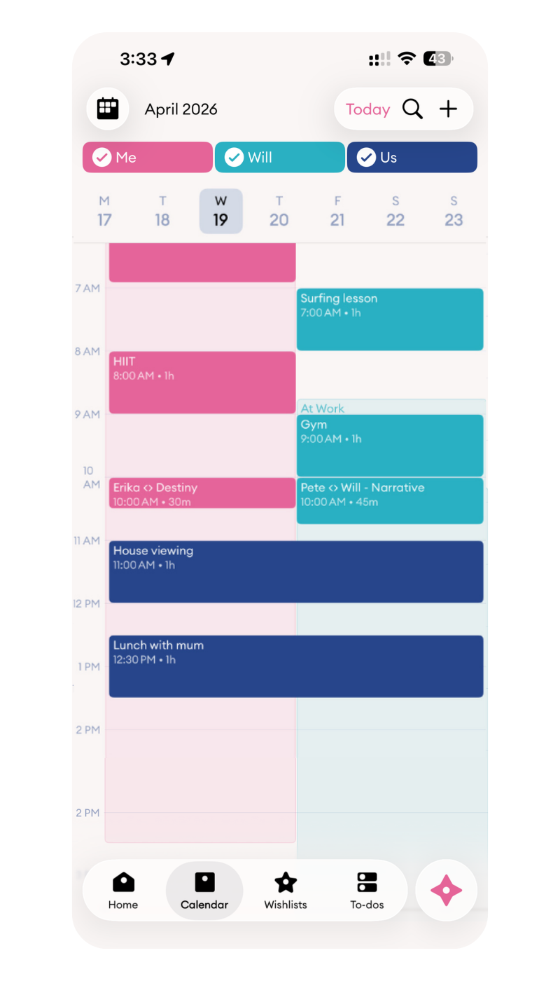 Cupla shared calendar showing colour-coded events for two people