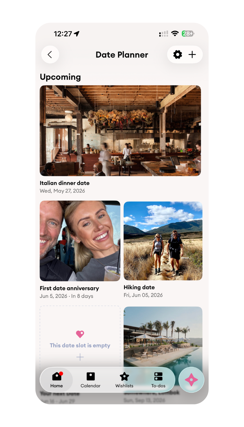 Cupla date planner showing upcoming date ideas for couples