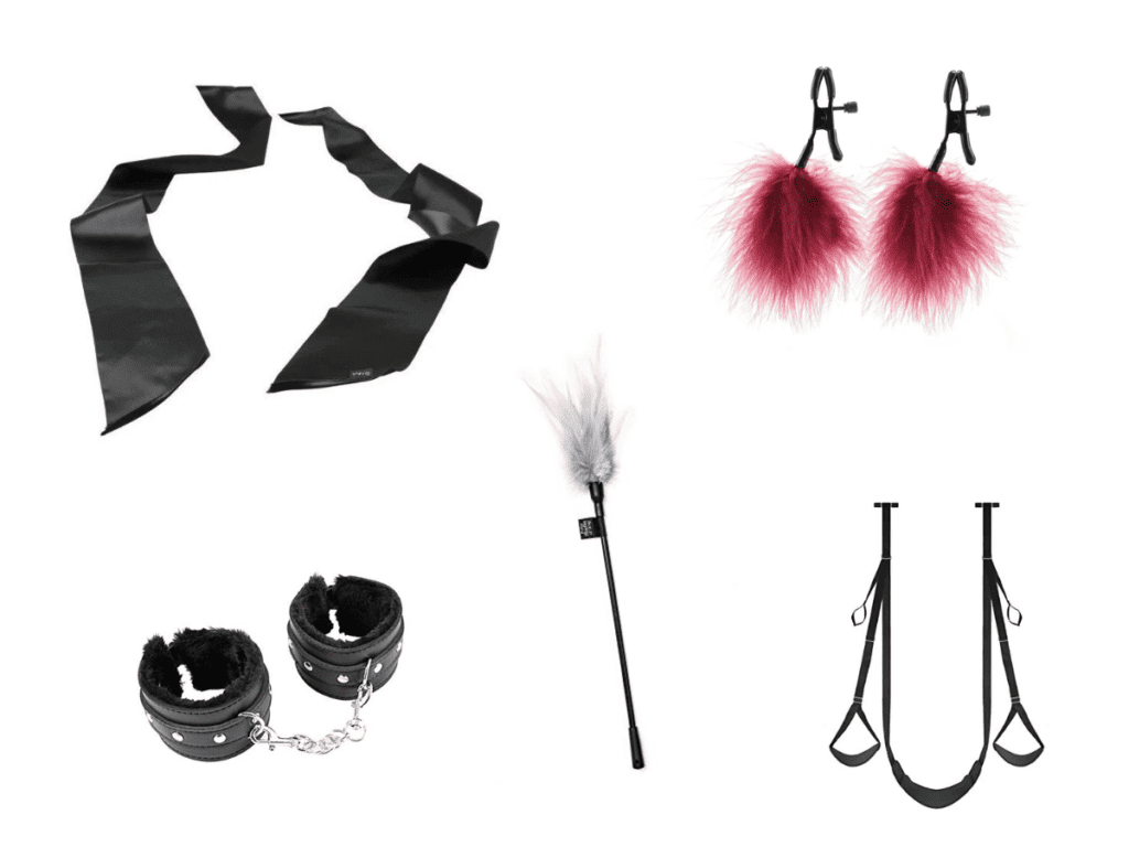 A picture of the Best BDSM Toys For Couples including cuffs, a sex swing, feather, nipple clamps and sash restraints
