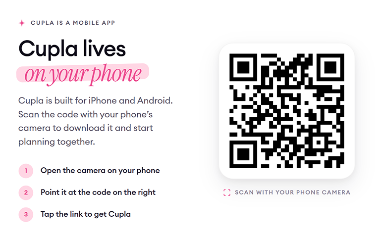 QR code to download the Cupla couples app for iPhone and Android — scan with your phone camera to install