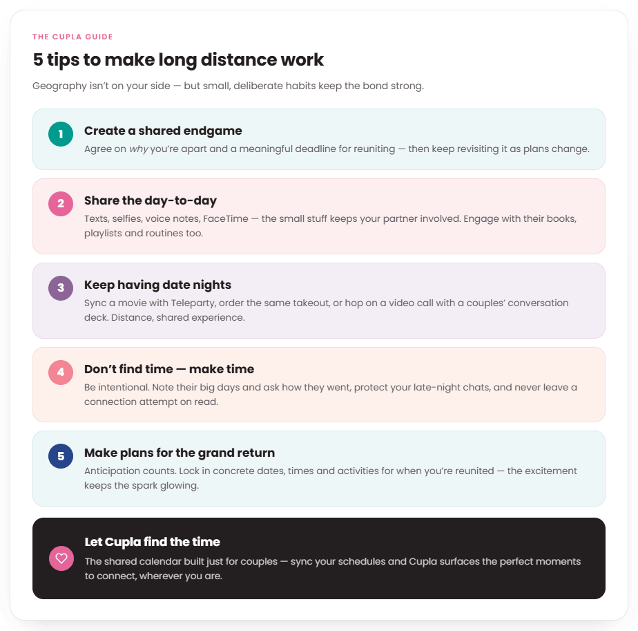 Infographic with 5 long distance relationship tips.