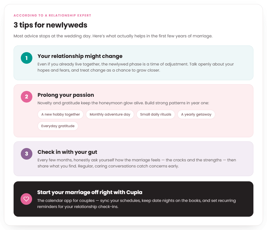 Infographic with 3 tips for newlyweds from a relationship expert.