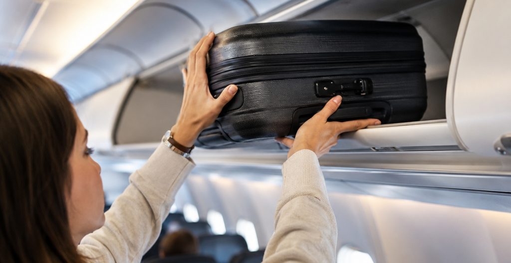Woman lifting a carry on suitcase into the overhead bin on a plane: packing light enough for carry on luggage takes a smarter packing list