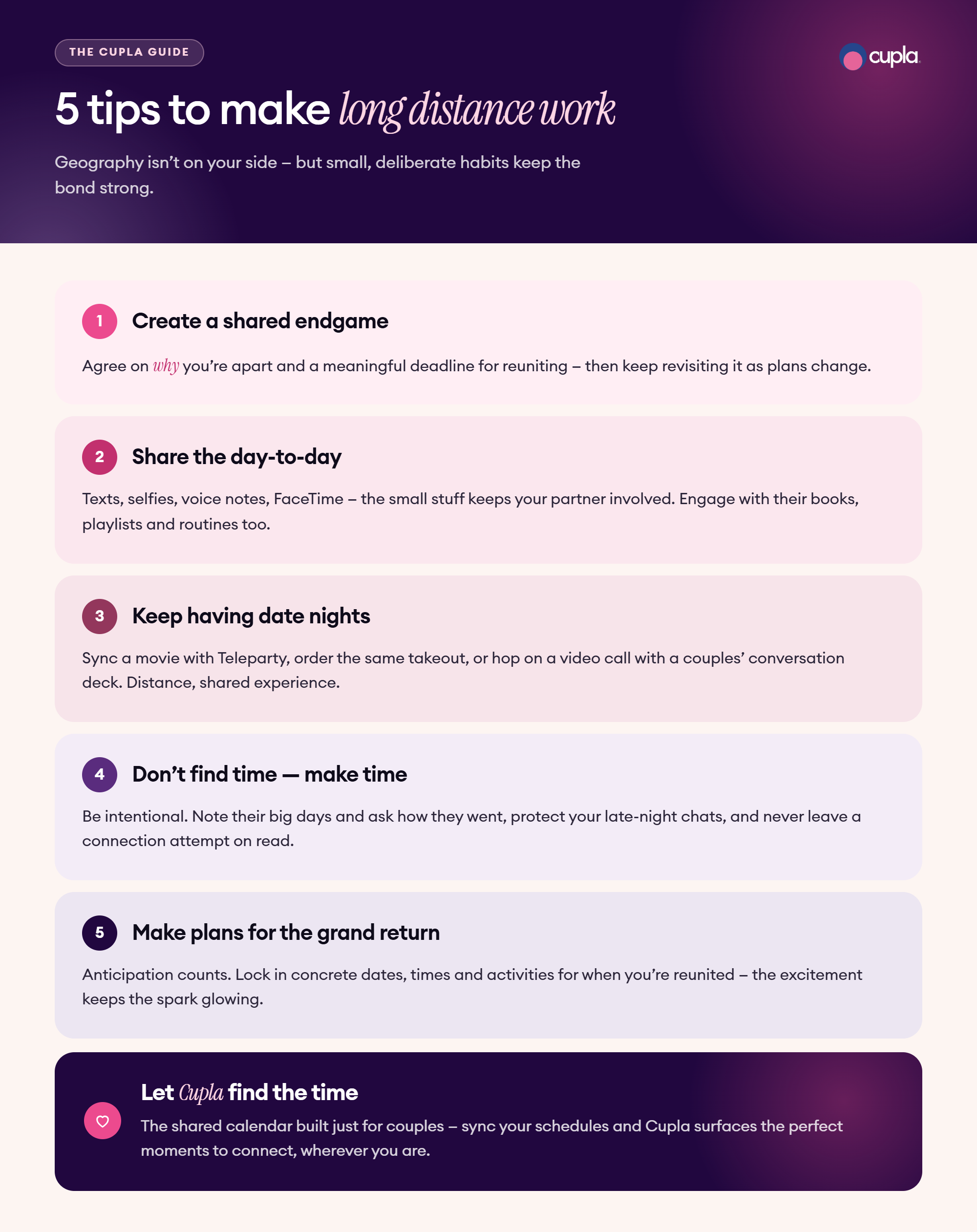 Infographic with 5 long distance relationship tips.