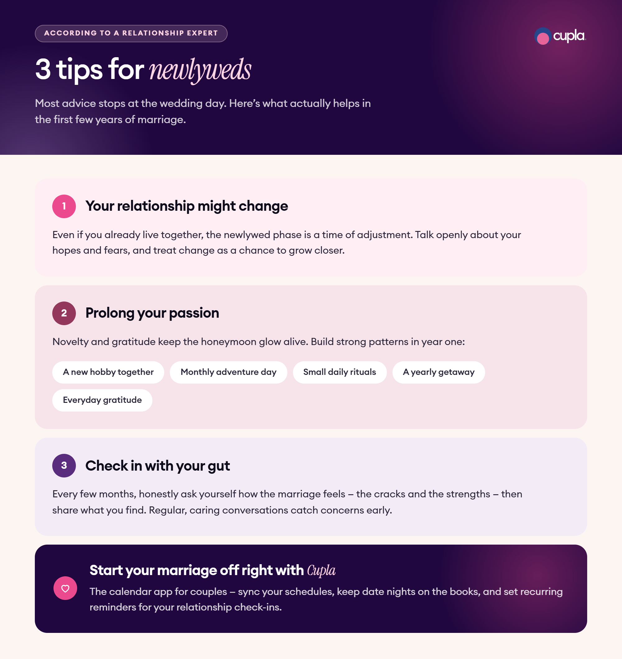 Infographic with 3 tips for newlyweds from a relationship expert.