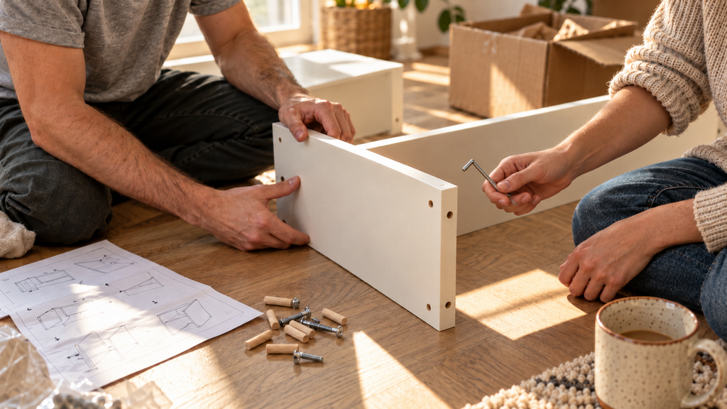 Couple assembling a flat-pack shelf together on moving day: splitting the move-in jobs keeps things fair and fast