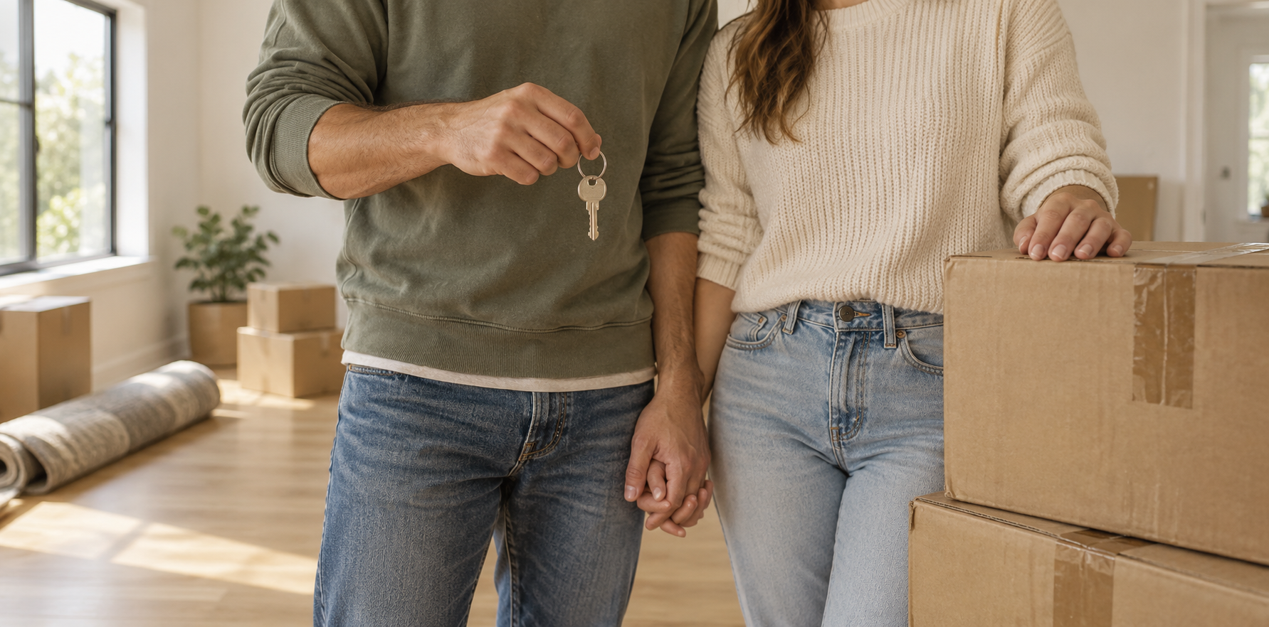 Couple holding the key to their new home beside moving boxes.